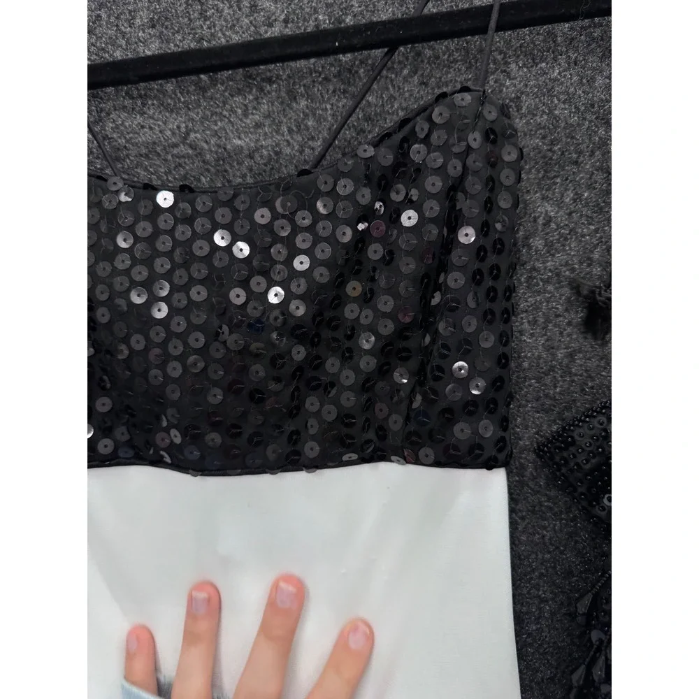 Arianna by Rachel Kaye Sequin Bodice Formal Gown with Beaded Bag Black White